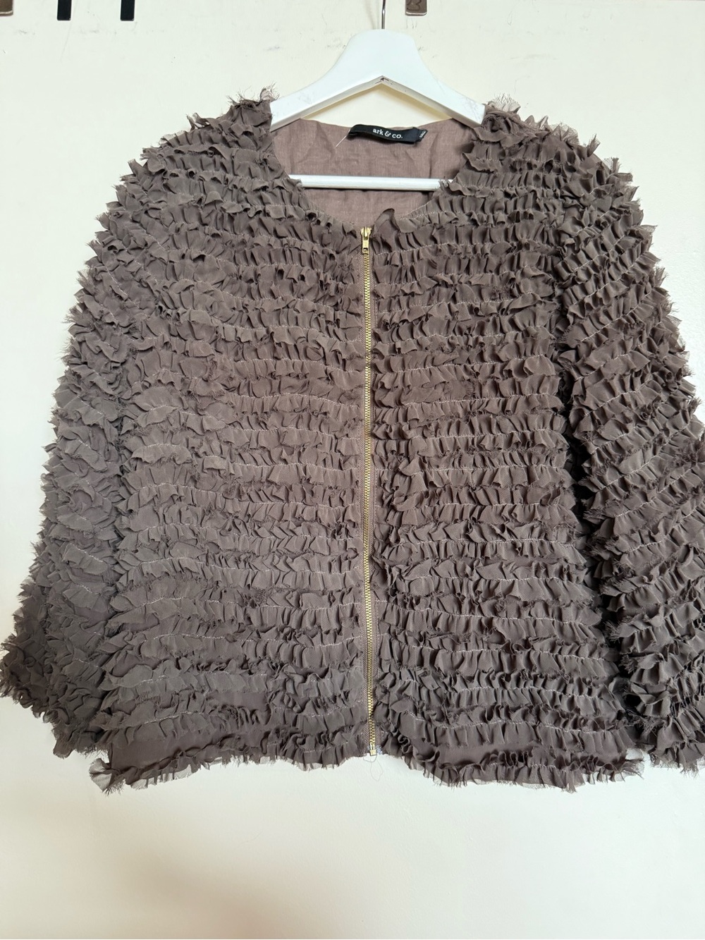 Ark & Co Taupe Ruffle Zip-Front Jacket with Gold Hardware